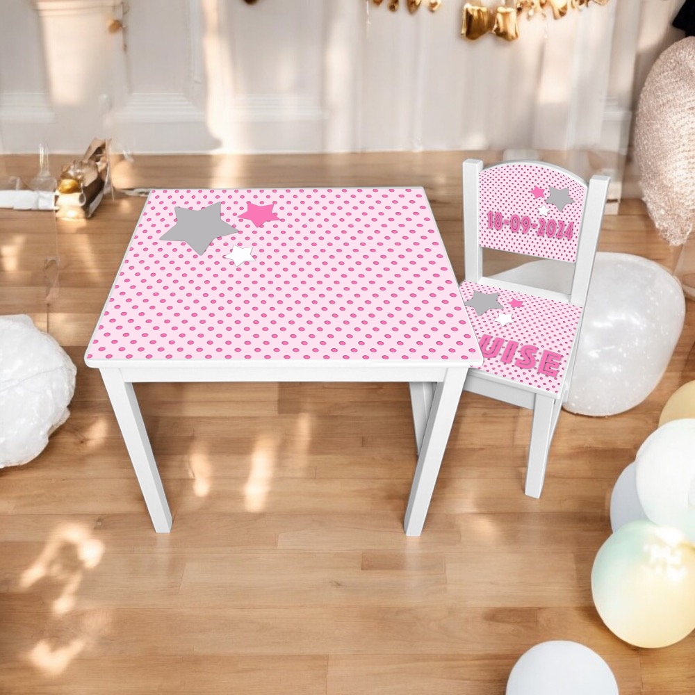 Tafel en stoel dots | Kindertafel en stoeltje met naam | Kraamcadeau