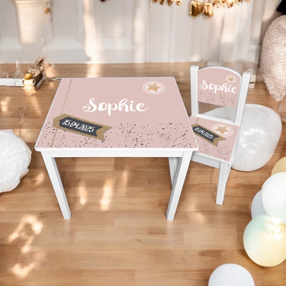 Tafel en stoel jute| Kindertafel en stoeltje met naam | kraamcadeau