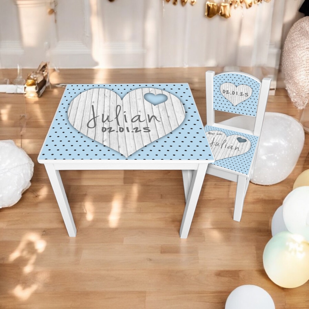 Tafel en stoel hart stippen| Kindertafel en stoel met naam | Kraamkado