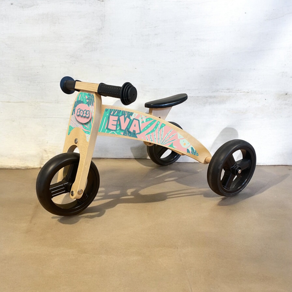 Loopfiets 2 in 1 met naam bladeren | Loopfiets 1 jaar | Driewieler