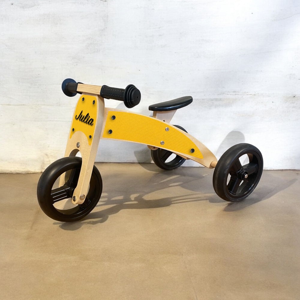 Loopfiets 2 in 1 met naam oker | Loopfiets 1 jaar | Driewieler
