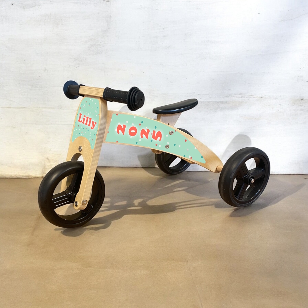 Loopfiets 2 in 1 met naam confetti | Loopfiets 1 jaar | Driewieler