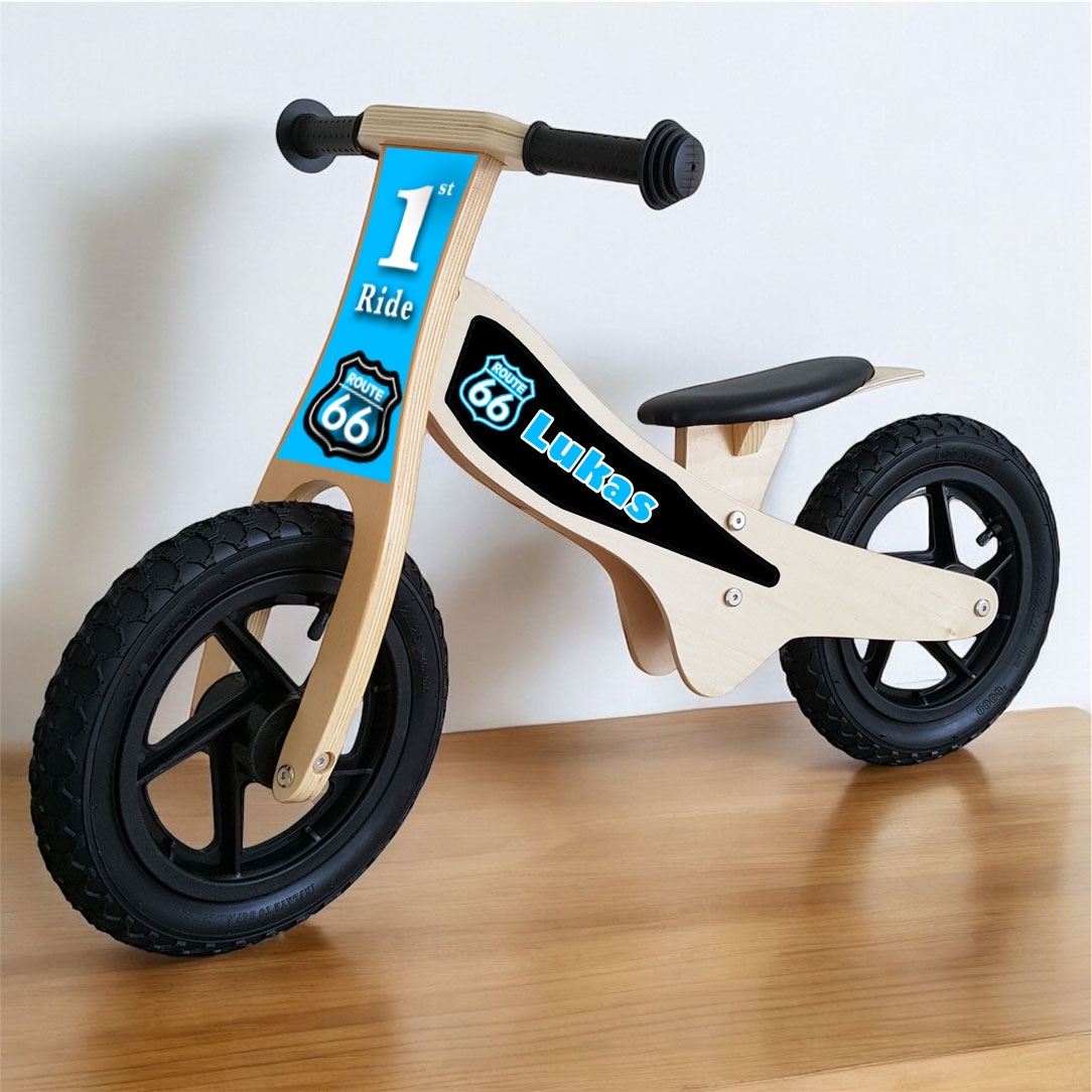 Loopfiets met naam route 66 | Houten loopfiets | Loopfiets 2 jaar