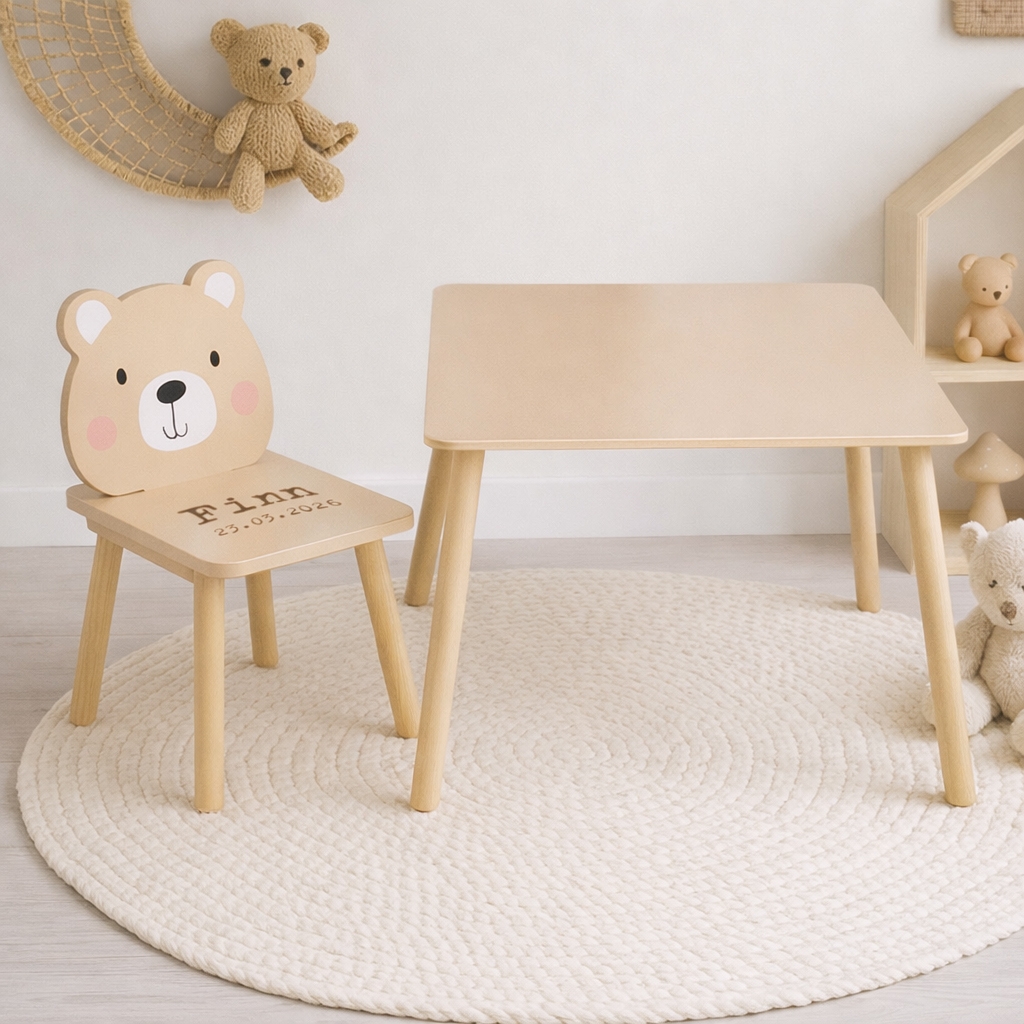 Tafel en berenstoeltje | Kraamcadeau met naam | Kinderstoel met naam